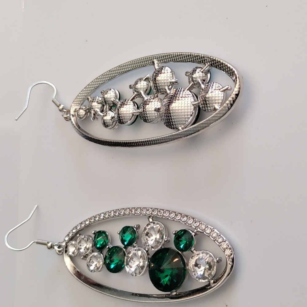 Silver Oval Drop Earrings with Emerald Green and Clear Stones - Picture 2 of 4